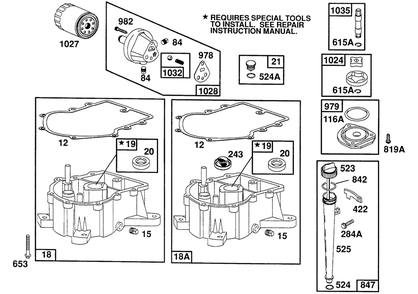 Sump Base, Oil Pump Parts Diagram and Parts List for 400707-0102-XX  Briggs and Stratton Engine